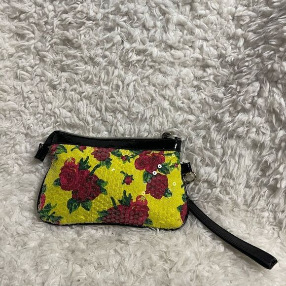 Betsey Johnson Vibrant yellow, pink & green Floral sequins Wristlet . - Picture 2 of 7